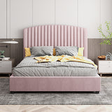 Beds & Bed Frames: Camelia Double Size Bed Frame Pink Velvet Upholstery High Headboard Quality Slats Metal Structure
