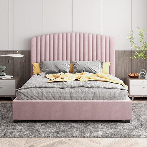 Beds & Bed Frames: Camelia King Single Size Bed Frame Pink Velvet Upholstery High Headboard Quality Slats Metal Structure