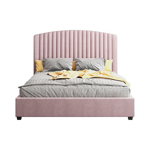 Beds & Bed Frames: Camelia King Single Size Bed Frame Pink Velvet Upholstery High Headboard Quality Slats Metal Structure