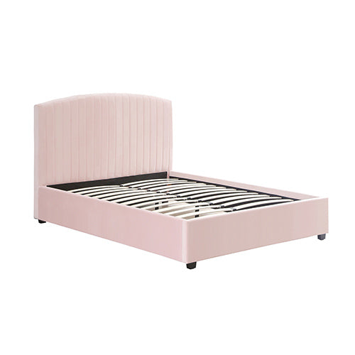 Beds & Bed Frames: Camelia King Single Size Bed Frame Pink Velvet Upholstery High Headboard Quality Slats Metal Structure