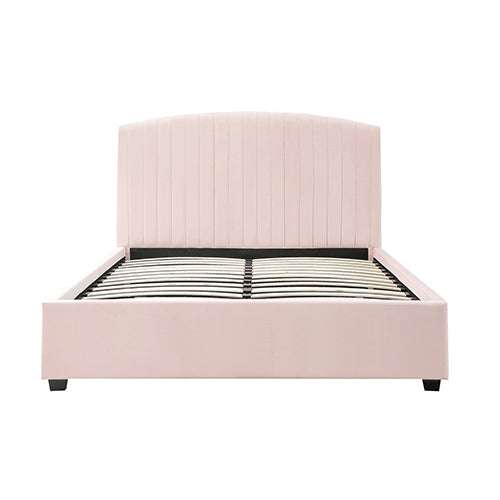 Beds & Bed Frames: Camelia Queen Size Bed Frame Pink Velvet Upholstery High Headboard Quality Slats Metal Structure