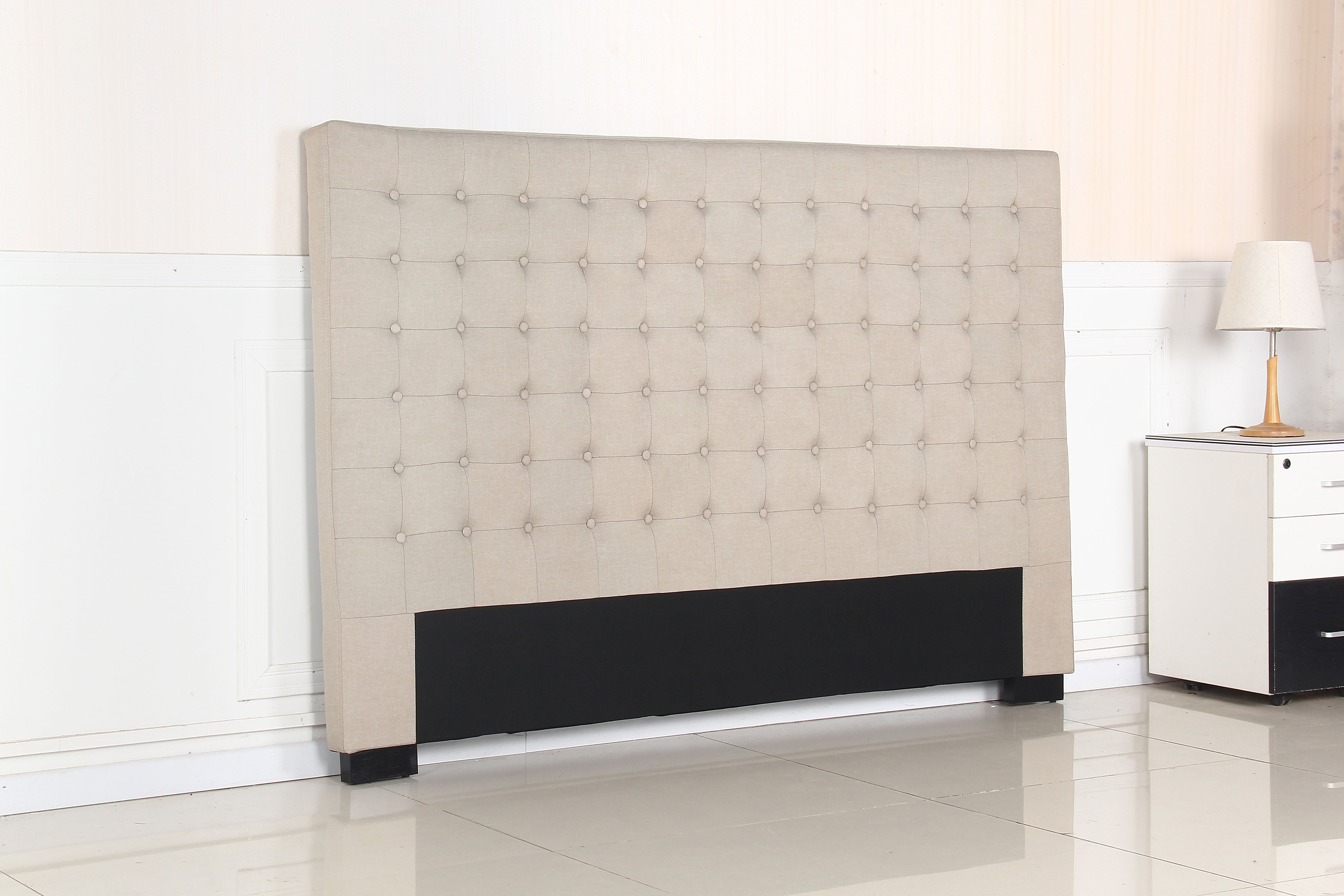 Headboards: Bed Head King Beige Headboard Upholstery Fabric Tufted Buttons