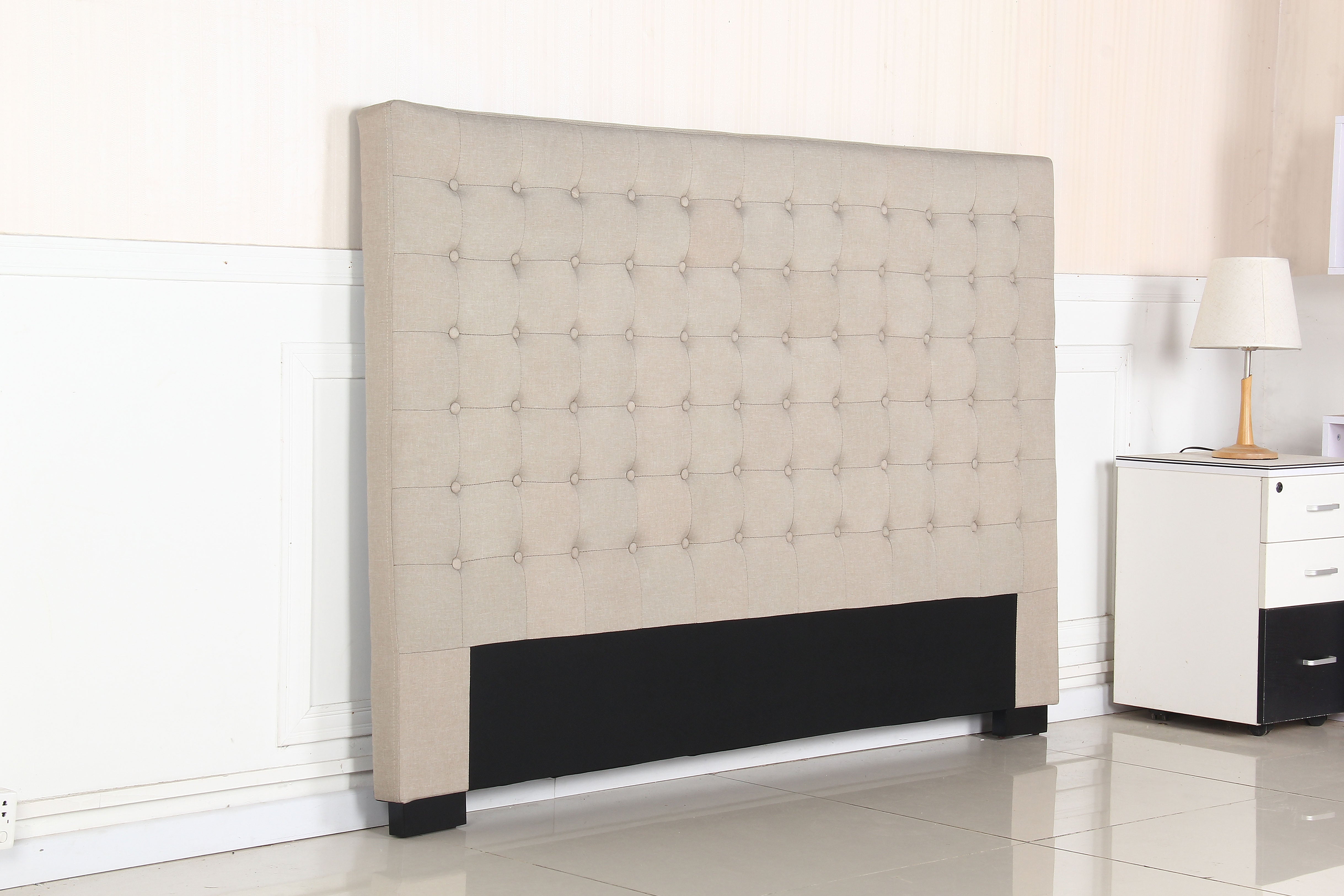 Headboards: Bed Head King Beige Headboard Upholstery Fabric Tufted Buttons