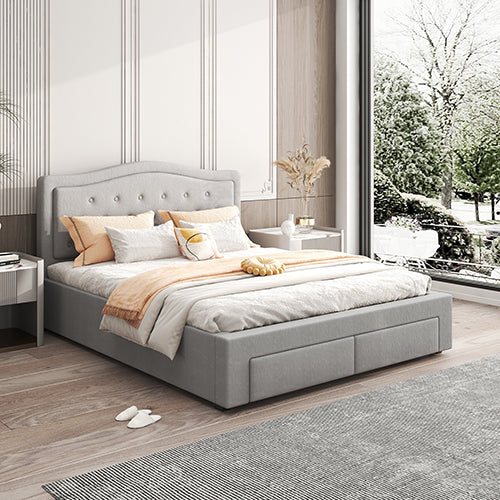 Beds & Bed Frames: Emily Bed Frame Queen Size Velvet Fabric Grey Four MDF Drawers with Wheels