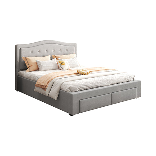 Beds & Bed Frames: Emily Bed Frame Queen Size Velvet Fabric Grey Four MDF Drawers with Wheels