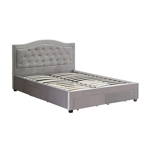 Beds & Bed Frames: Emily Bed Frame Queen Size Velvet Fabric Grey Four MDF Drawers with Wheels