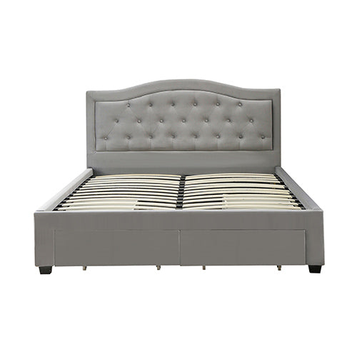 Beds & Bed Frames: Emily Bed Frame Queen Size Velvet Fabric Grey Four MDF Drawers with Wheels