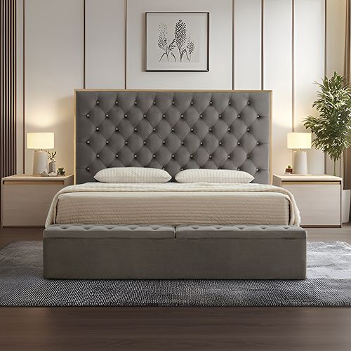 Queen Storage Bed Frame Fabric Upholstery Tufted Headboard