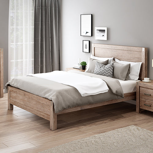 Beds & Bed Frames: Bed Frame King Size in Solid Wood Veneered Acacia Bedroom Timber Slat in Oak