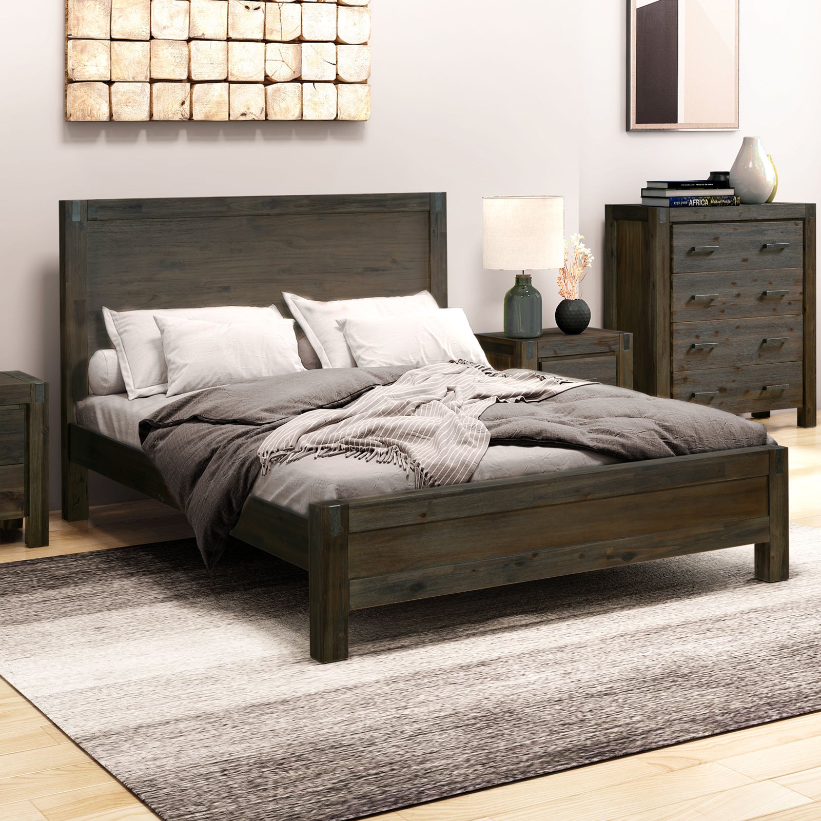 Beds & Bed Frames: Bed Frame Queen Size in Solid Wood Veneered Acacia Bedroom Timber Slat in Chocolate