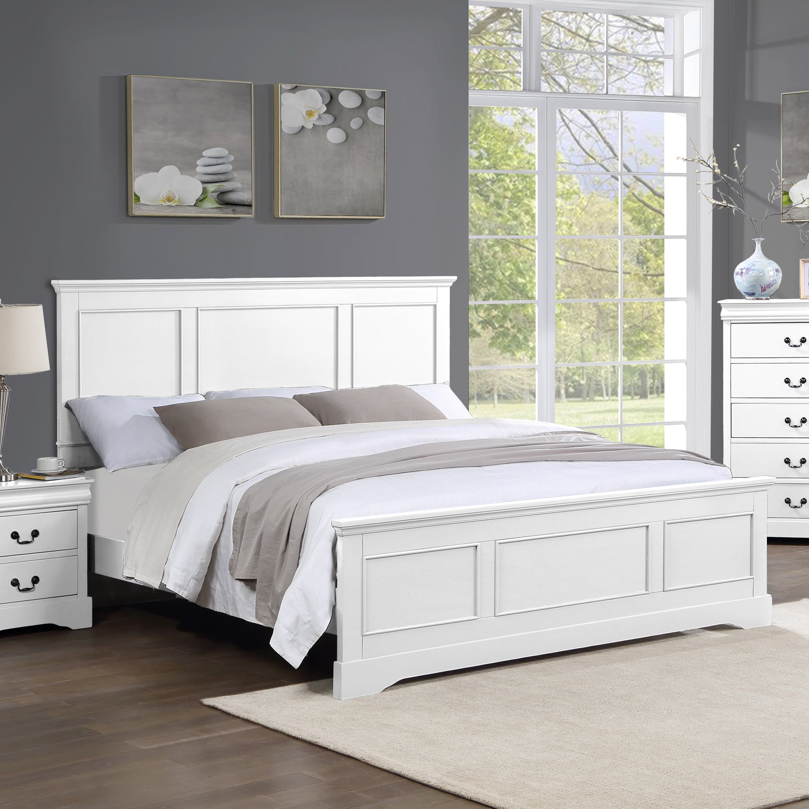 Beds & Bed Frames: Queen Bed Frame in Solid Wood with Slats Support in White colour