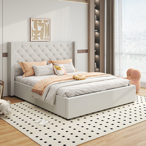 Beds & Bed Frames: Veronica Bed Frame King Size Winged Grey Linen Fabric Seam Grid Pattern with gas lift plywood metal structure