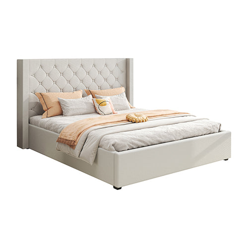 Beds & Bed Frames: Veronica Bed Frame King Size Winged Grey Linen Fabric Seam Grid Pattern with gas lift plywood metal structure