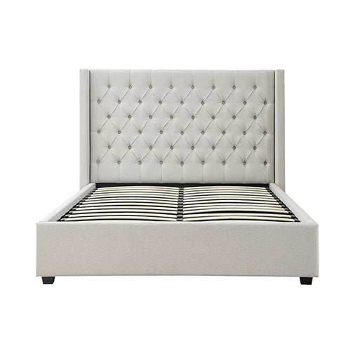 Beds & Bed Frames: Veronica Bed Frame King Size Winged Grey Linen Fabric Seam Grid Pattern with gas lift plywood metal structure