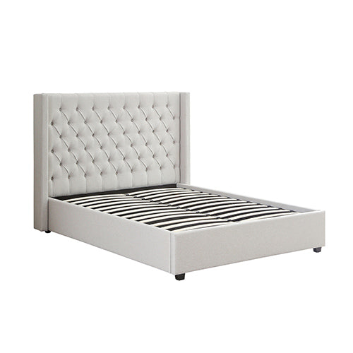 Beds & Bed Frames: Veronica Bed Frame King Size Winged Grey Linen Fabric Seam Grid Pattern with gas lift plywood metal structure