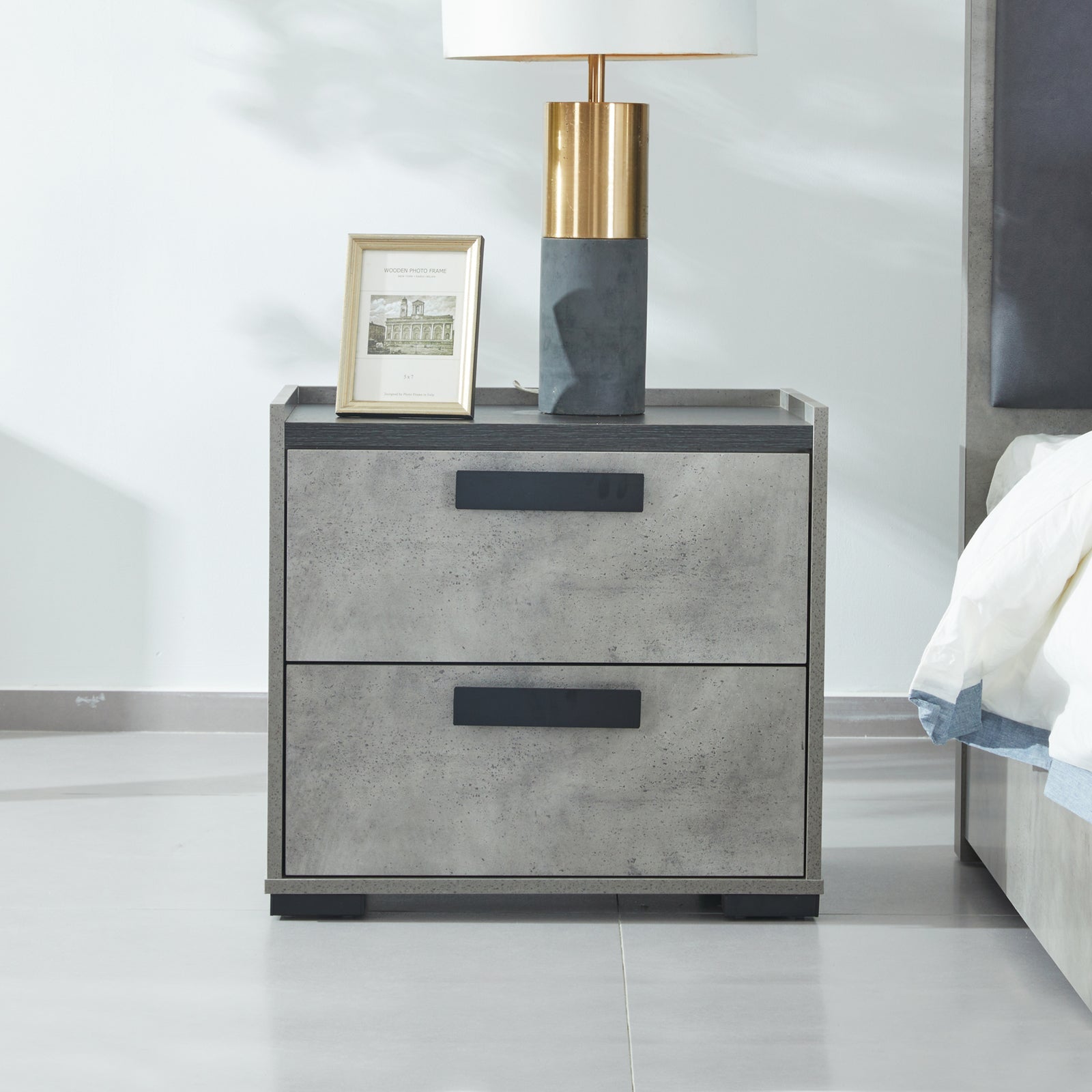 Beds & Bed Frames: Bedside Table with 2 Storage Drawers MDF Combination of Black & Cement Colour Nightstand