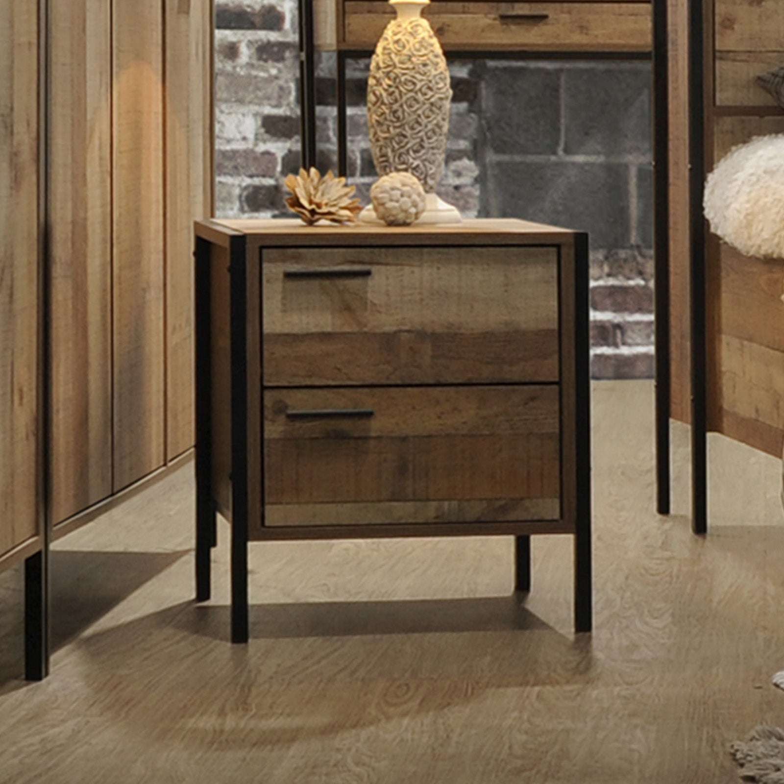 Bedside Tables: Bedside Table 2 drawers Night Stand Particle Board Construction in Oak Colour
