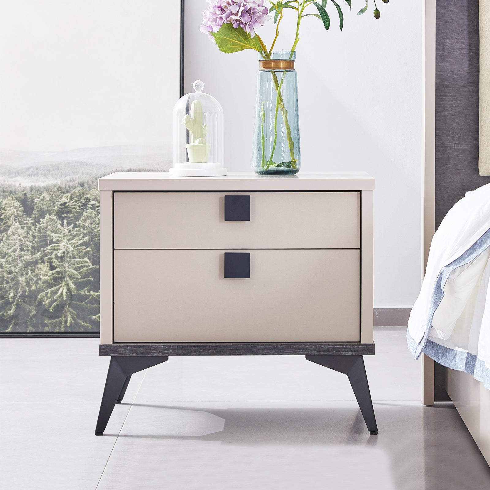 Beds & Bed Frames: Bedside Table with 2 Storage Drawers MDF Combination of Champagne and Black Colour Nightstand