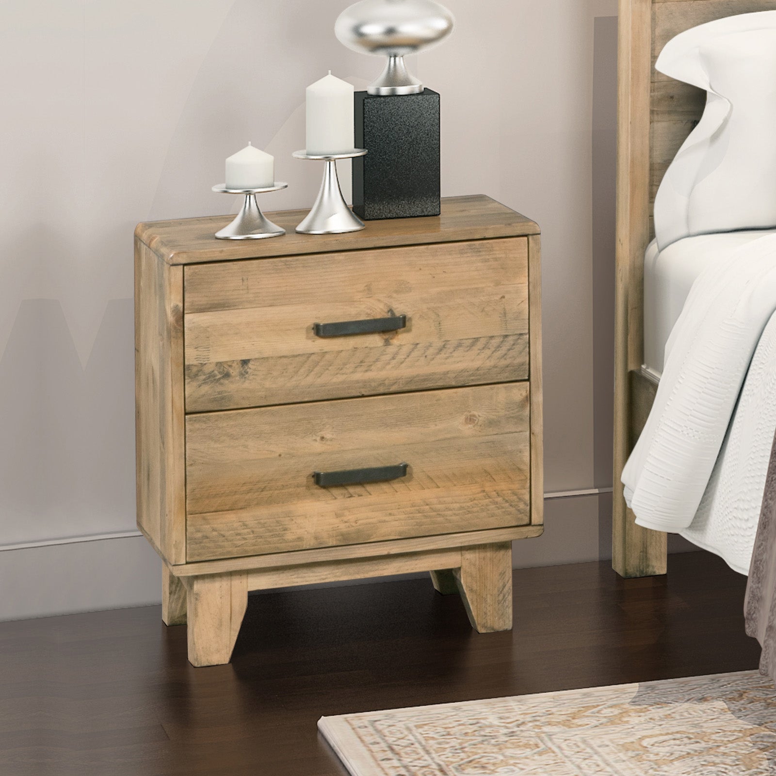Bedside Tables: Bedside Table 2 drawers Night Stand Solid Wood Storage Light Brown Colour