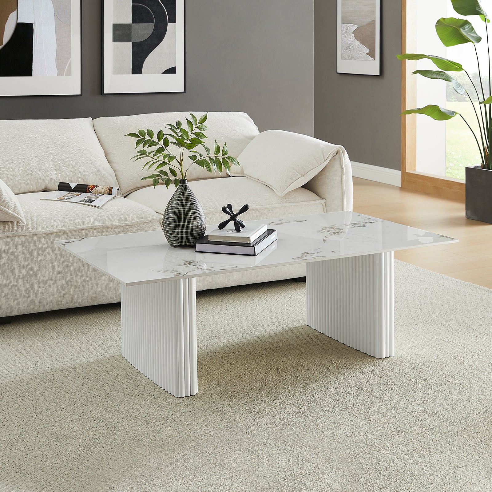 Coffee Tables: Coffee Table Sintered Stone Top MDF Table Base Glossy White