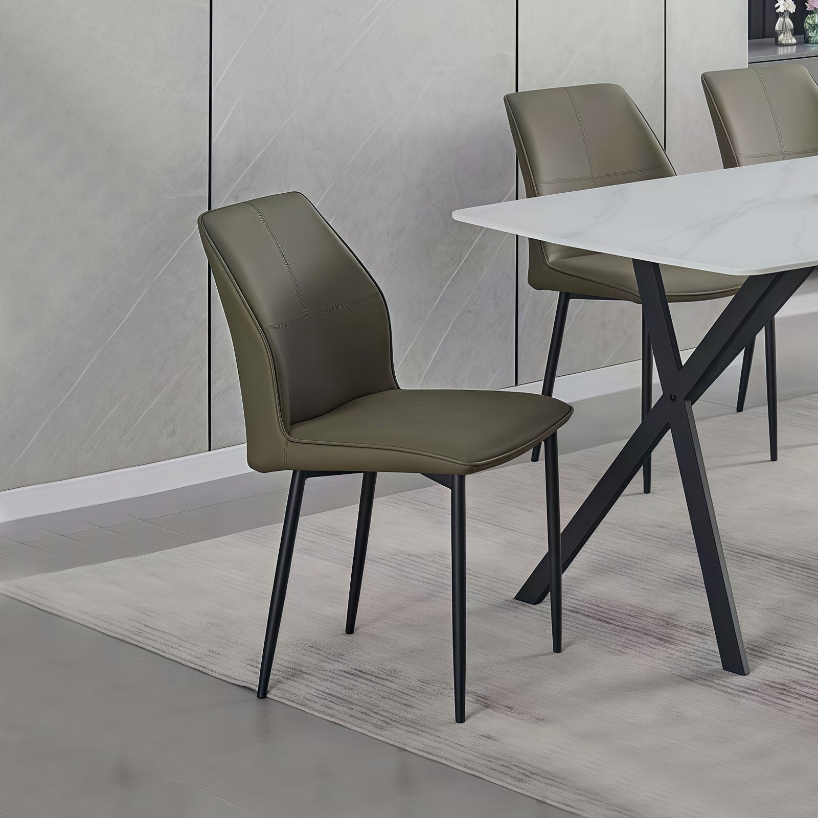 Kitchen & Dining Chairs: 6x Dining Chair Brown Faux Leather Upholstered Seat Powder Coated Iron Legs