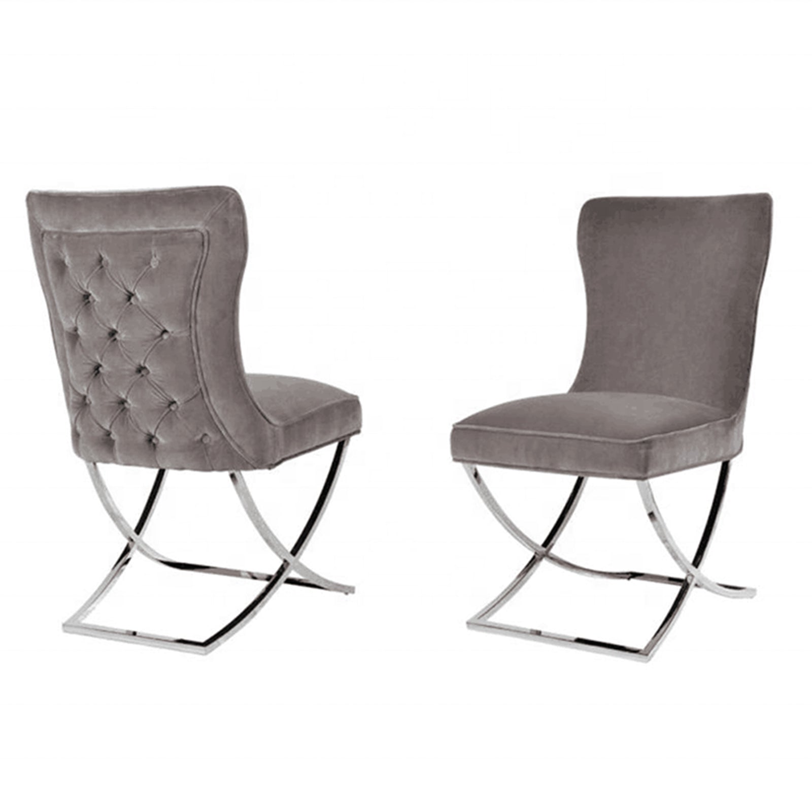 Kitchen & Dining Chairs: 2x Dining Chairs Grey Fabric Upholstery Quilting Silver Color Legs