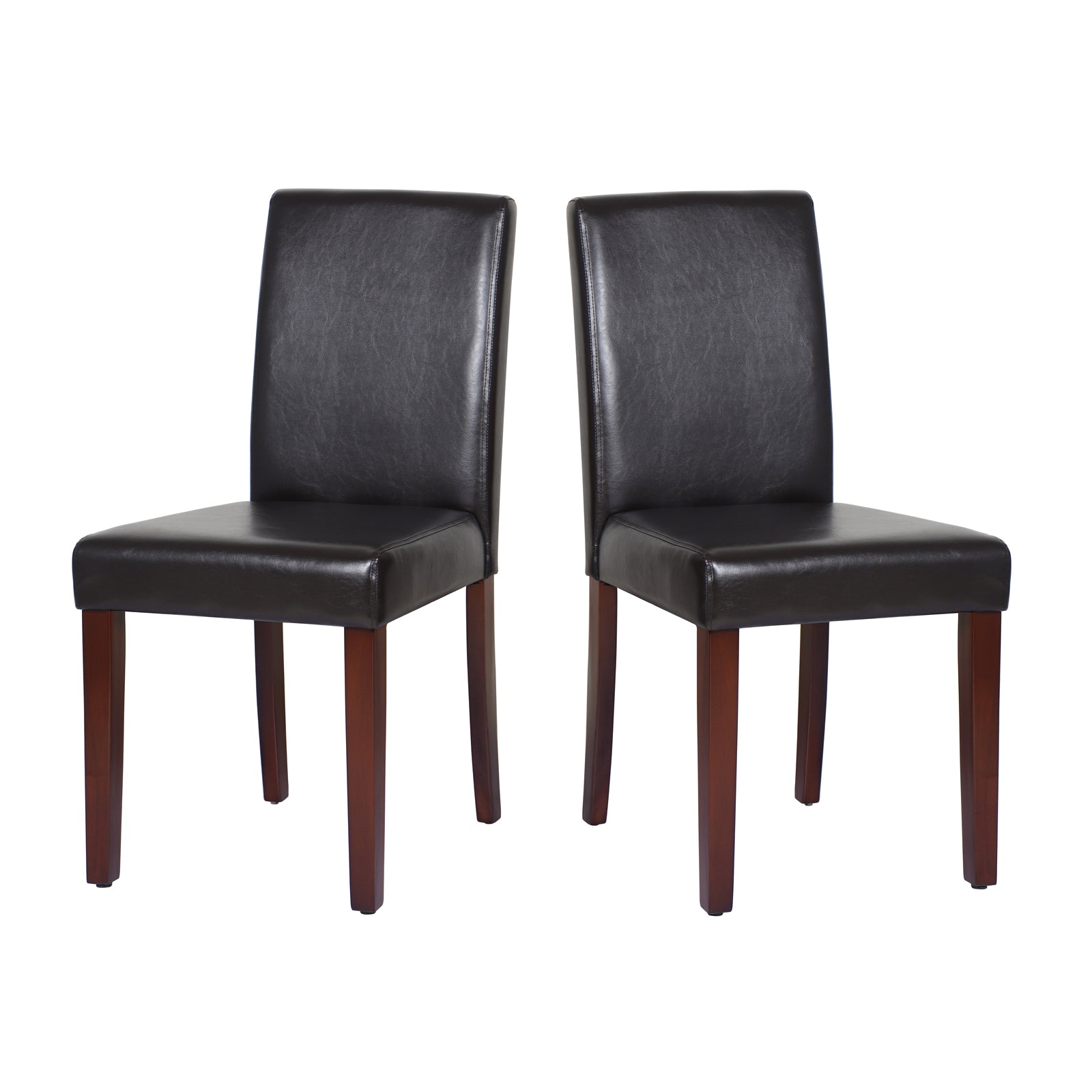 Kitchen & Dining Chairs: 2x Wooden Frame Brown Leatherette Dining Chairs with Solid Pine Legs