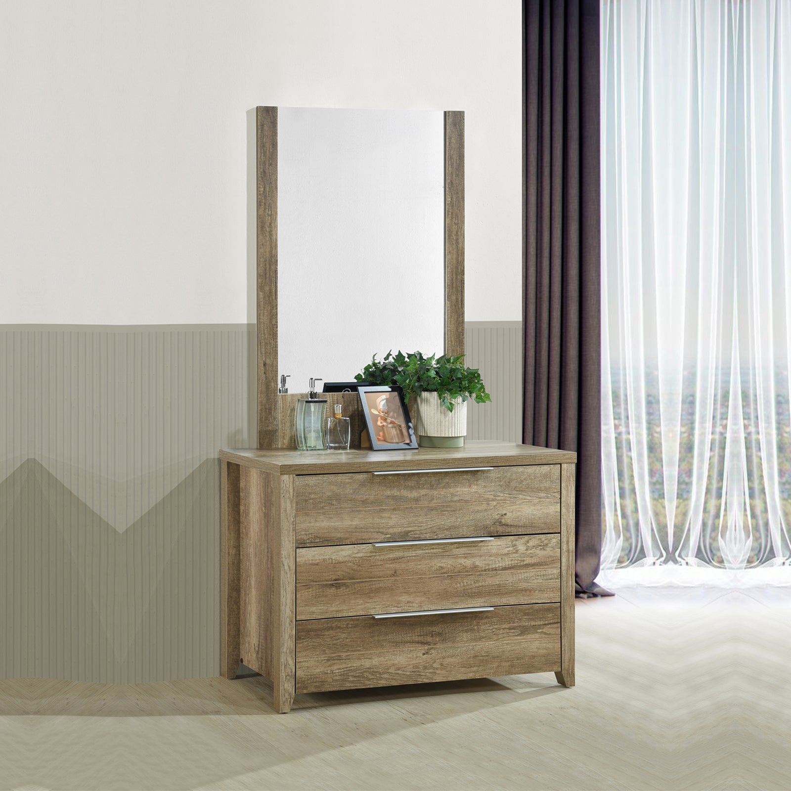 Makeup Organisation & Storage: Dresser with 3 Storage Drawers in Natural Wood like MDF in Oak Colour with Mirror