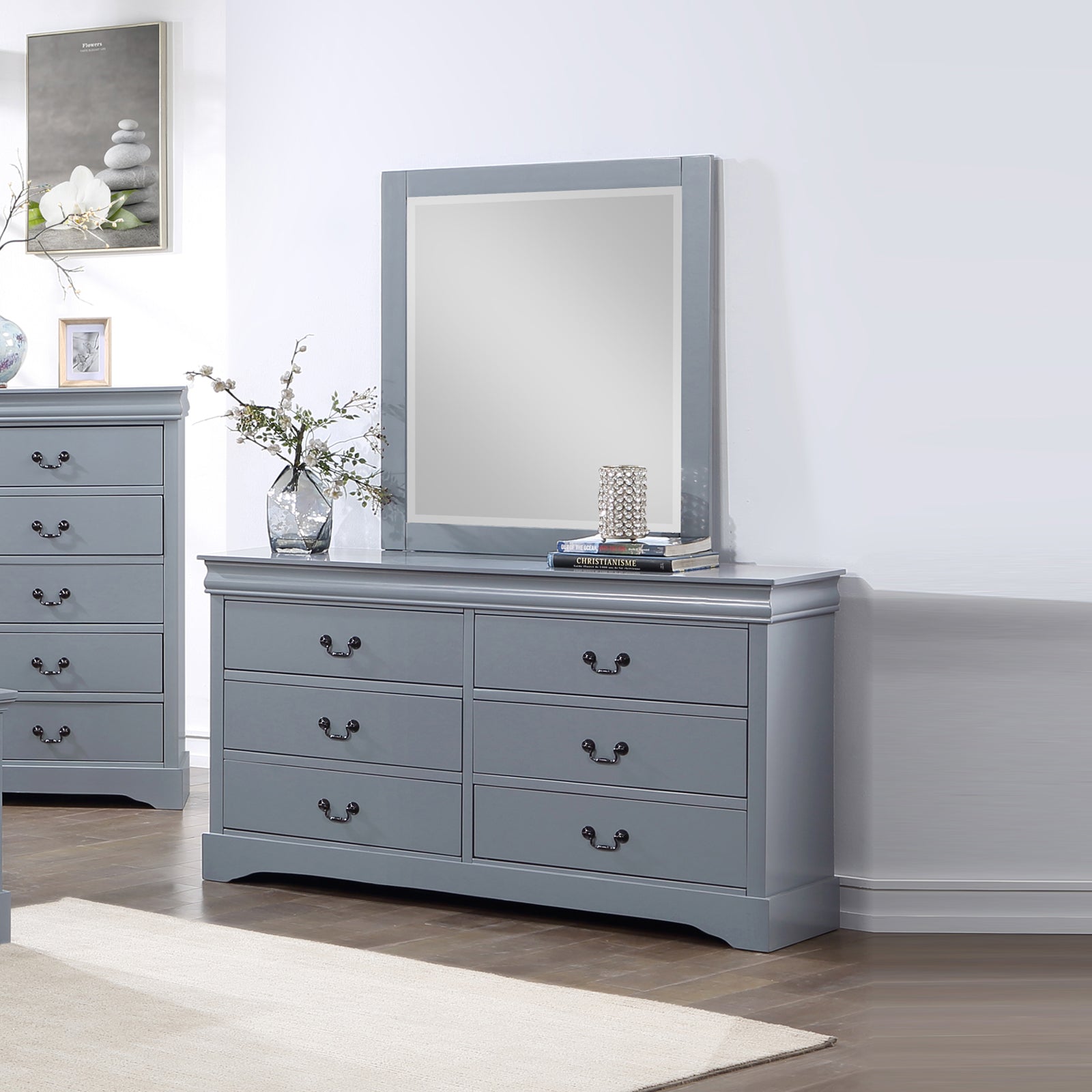 Dressers: Dressing Chest with 6 Storage Drawers in Solid Wooden Mirror Metal Handles Grey Colour