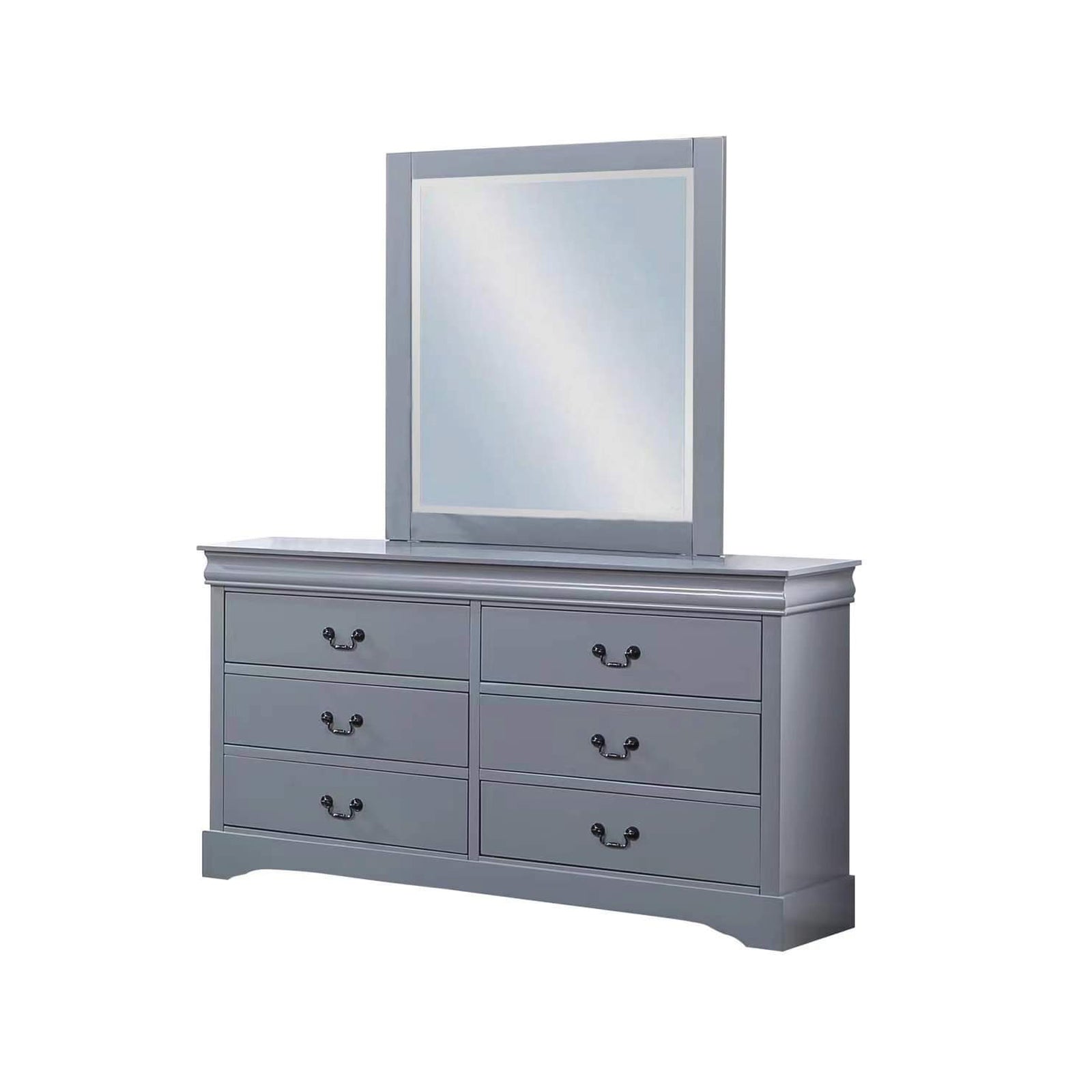 Dressers: Dressing Chest with 6 Storage Drawers in Solid Wooden Mirror Metal Handles Grey Colour