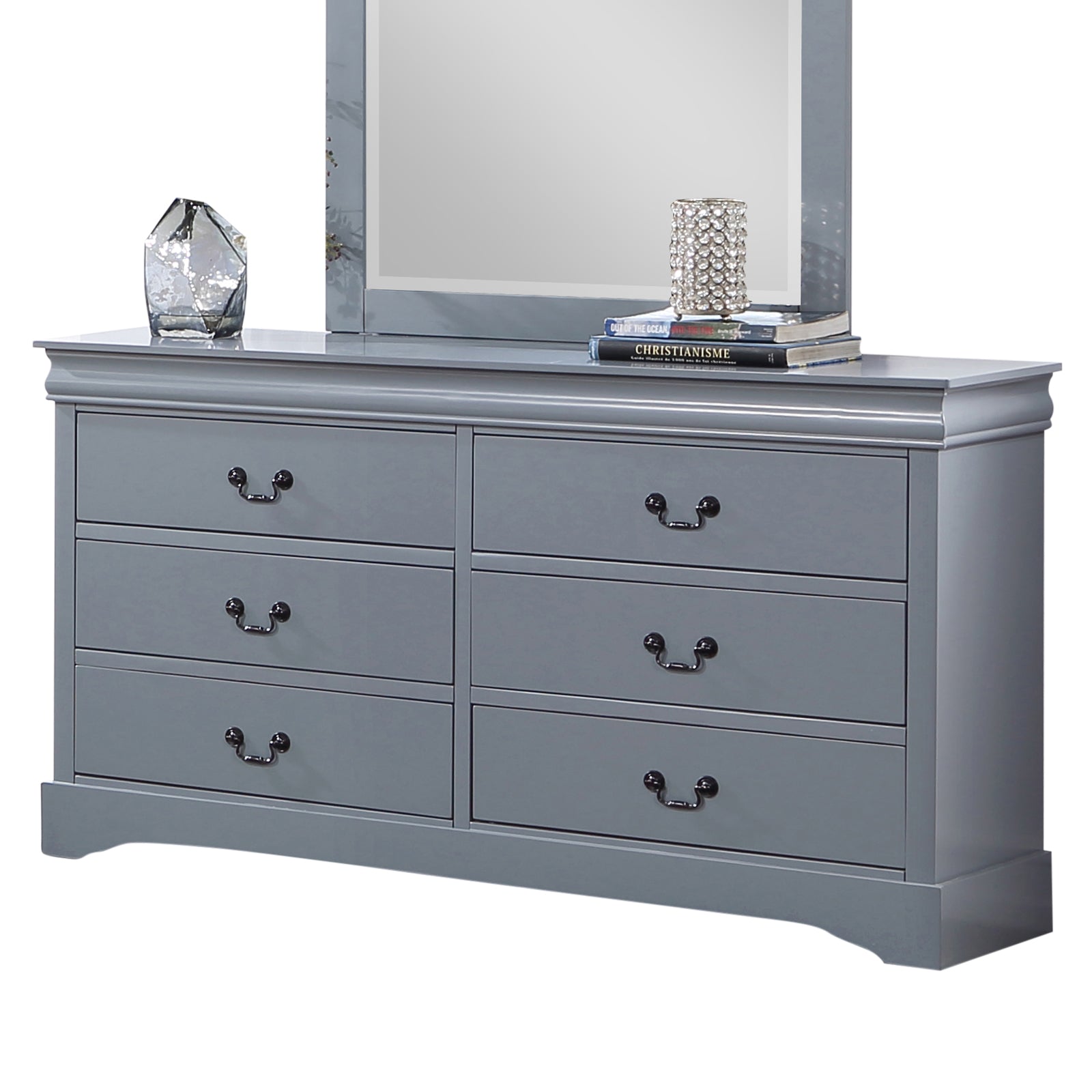 Dressers: Dressing Chest with 6 Storage Drawers in Solid Wooden Mirror Metal Handles Grey Colour
