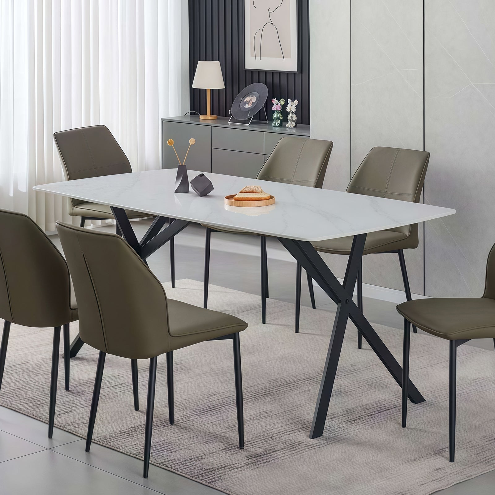 Dining Tables: Dining Table Rectangular Shape White Sintered Stone Top Powder Coated Iron Legs