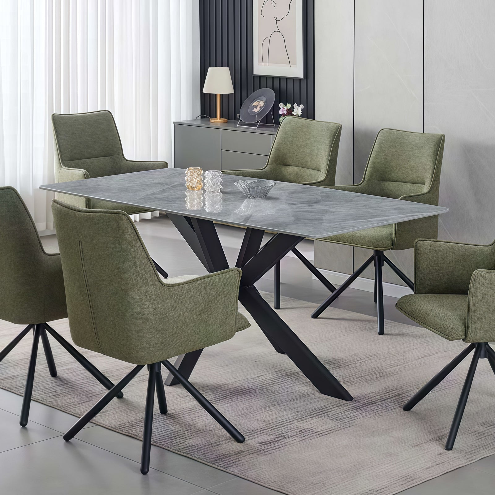 Dining Tables: Dining Table Rectangular Shape Grey Sintered Stone Top Powder Coated Iron Legs