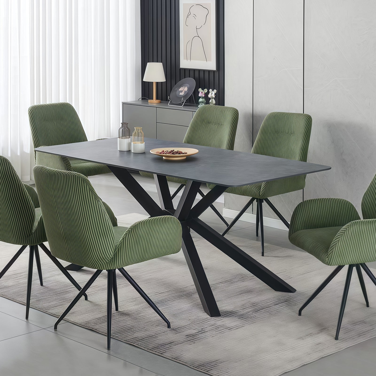 Dining Tables: Dining Table Rectangular Shape Green Sintered Stone Top Powder Coated Iron Legs