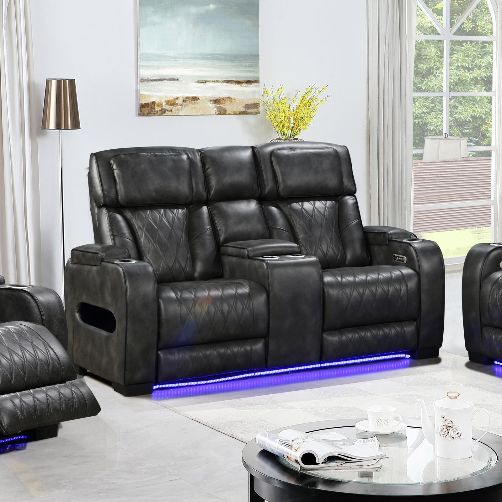 Sofas & Sofa Beds: 2 Seater Electric Air Leather Dark Grey Recliner