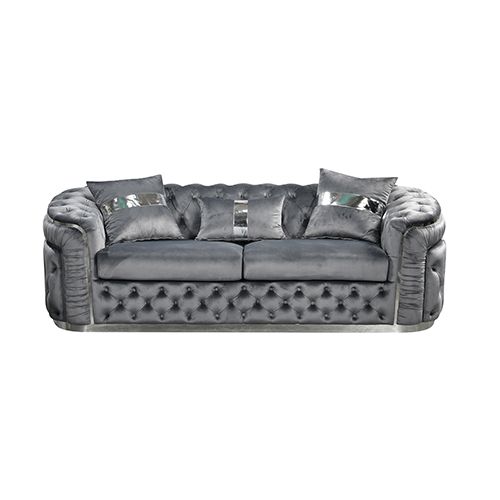 3+1+1 Seater Sofa Set Grey Velvet Fabric Solid Wood construction Silver Stainless Steel Trim