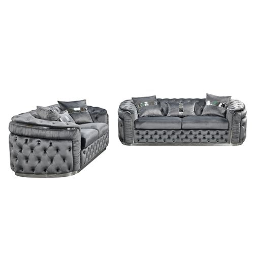 3+2 Seater Sofa Set Grey Velvet Fabric Solid Wood construction Silver Stainless Steel Trim