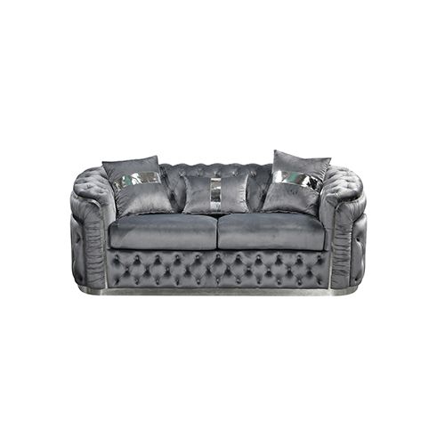 3+2 Seater Sofa Set Grey Velvet Fabric Solid Wood construction Silver Stainless Steel Trim