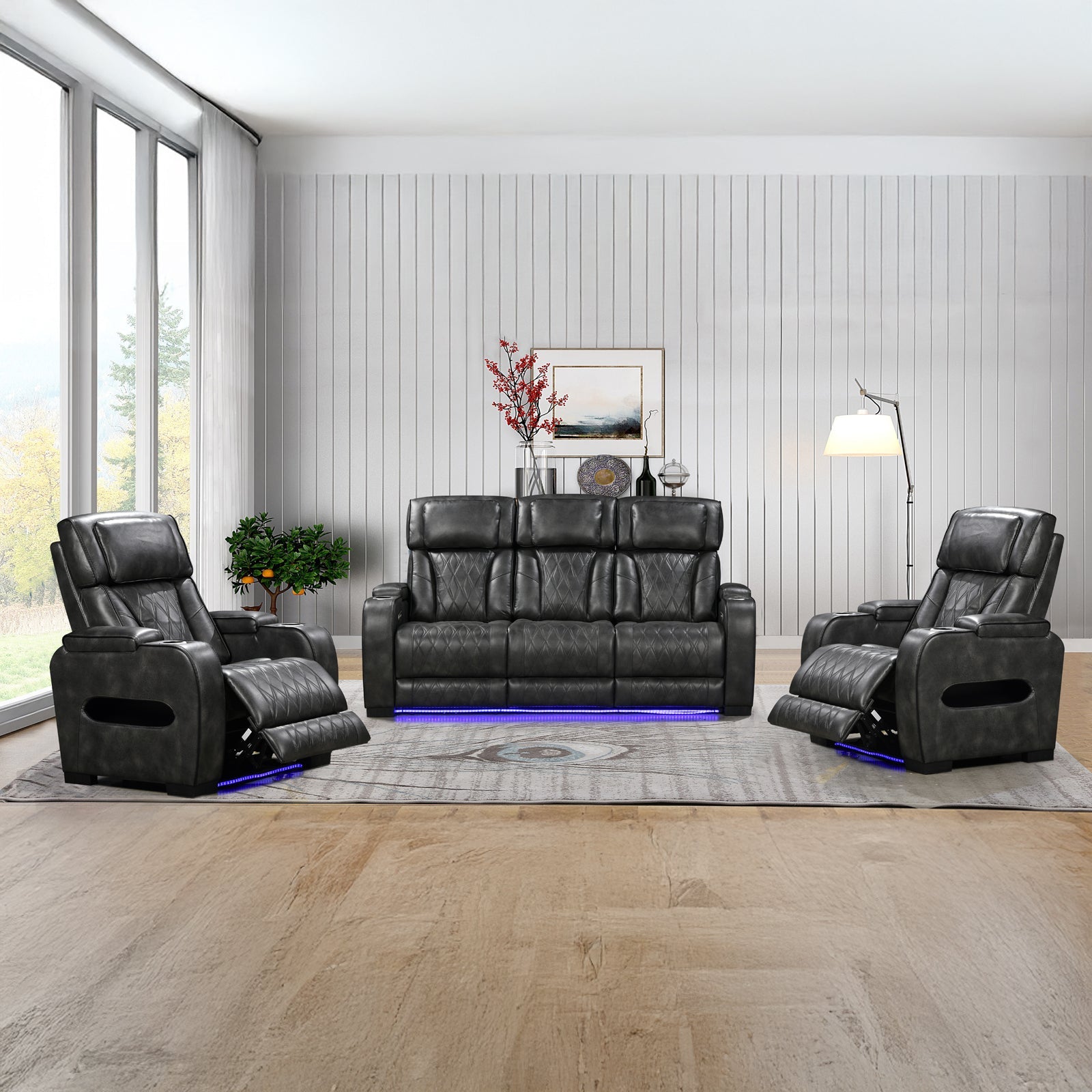 Sofas & Sofa Beds: 3-1-1 Seater Electric Air Leather Dark Grey Recliner Set