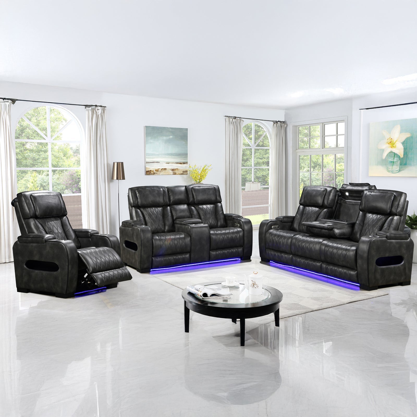Sofas & Sofa Beds: 3-2-1 Seater Electric Air Leather Dark Grey Recliner Set