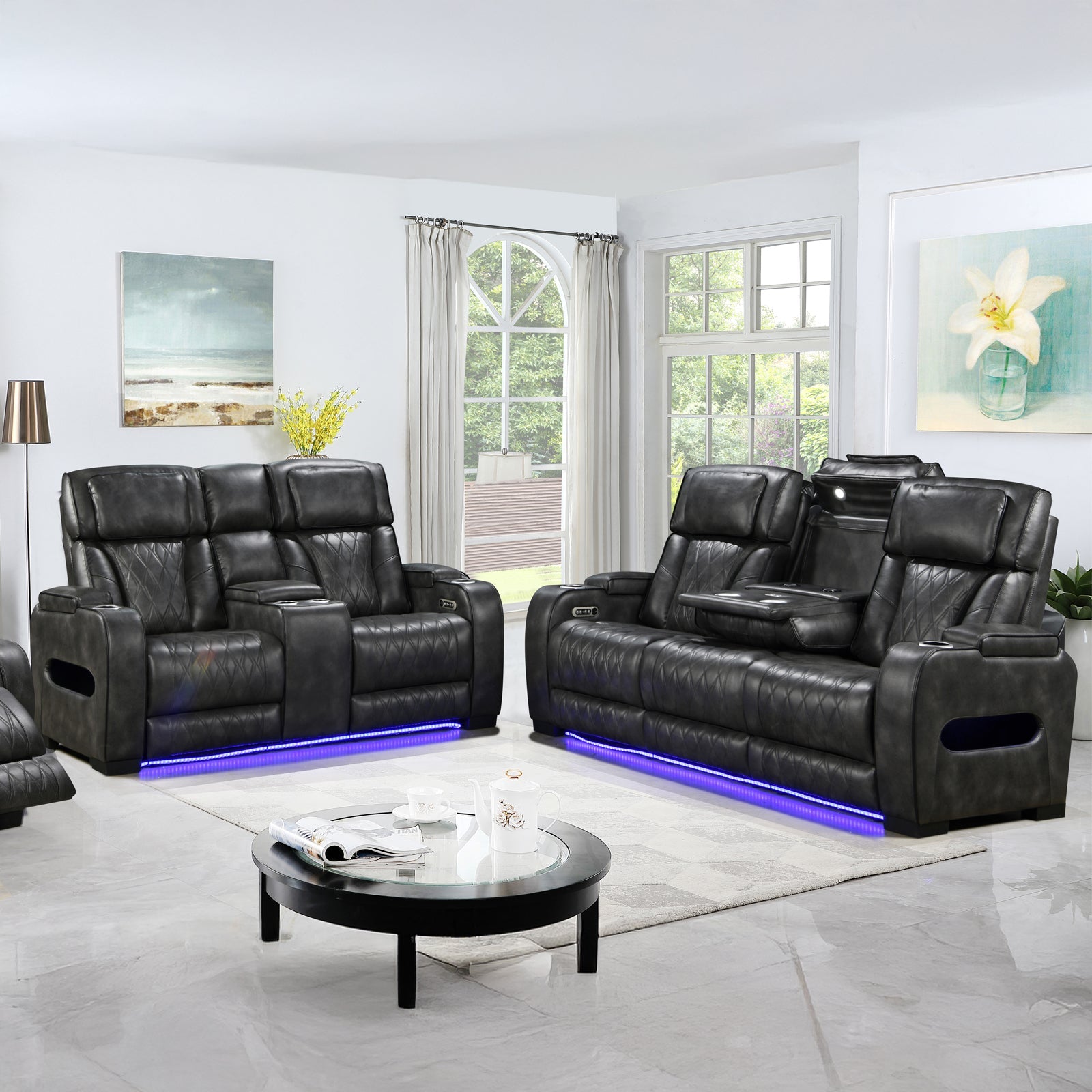 Sofas & Sofa Beds: 3-2 Seater Electric Air Leather Dark Grey Recliner Set