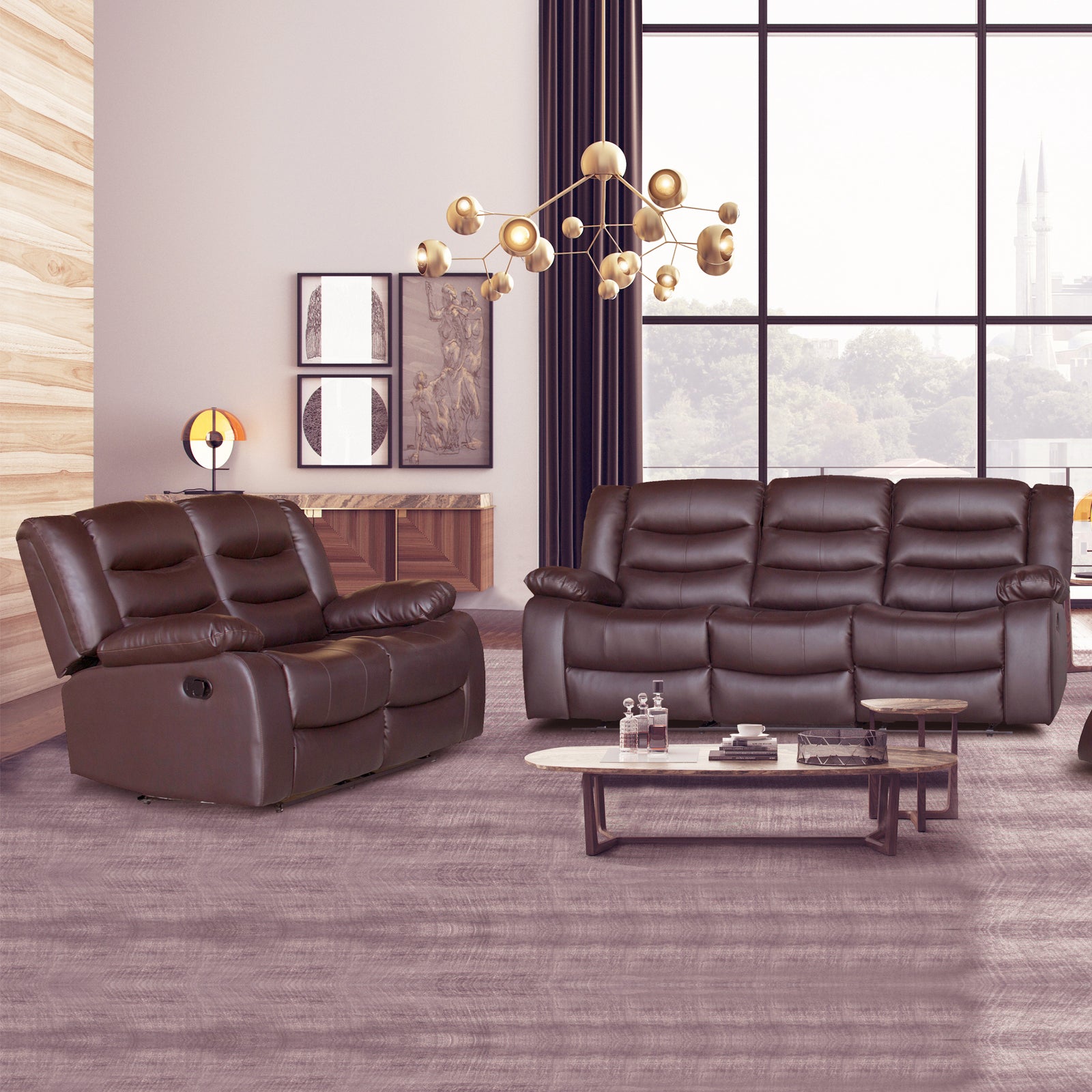 Arm Chairs & Recliners: 3+2 Seater Recliner Sofa In Faux Leather Lounge Couch in Brown