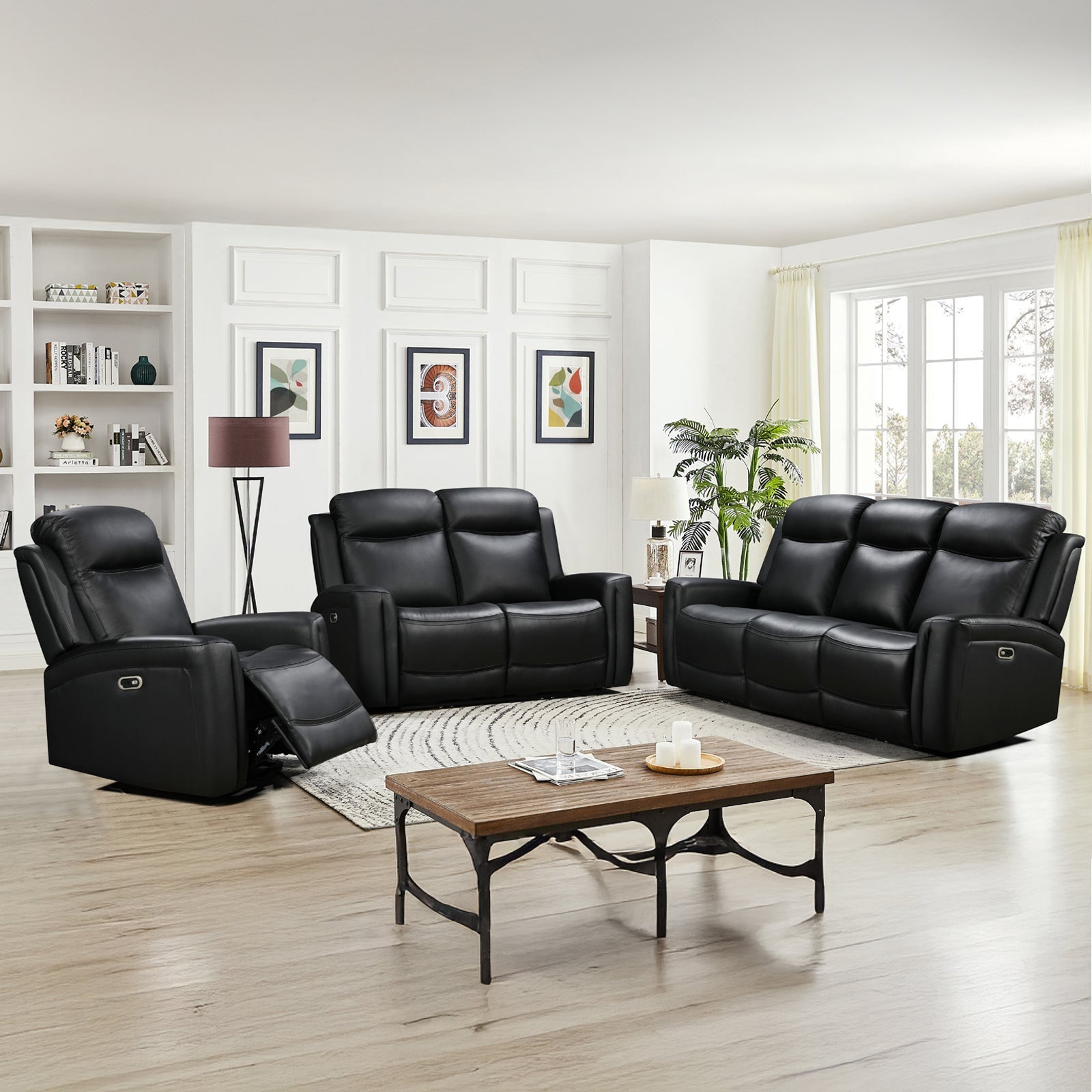Sofas & Sofa Beds: 3-2-1 Seater Electric Leather/PVC Black Recliner Set