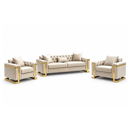 Juliette 3+1+1 Seater Velvet Sofa with Gold Trim in Beige