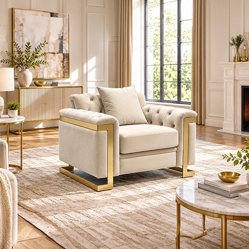 Juliette 3+1+1 Seater Velvet Sofa with Gold Trim in Beige