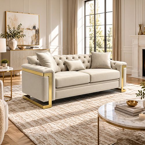 Juliette 3+2 Seater Velvet Sofa with Gold Trim in Beige