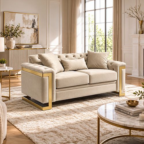 Juliette 3+2 Seater Velvet Sofa with Gold Trim in Beige