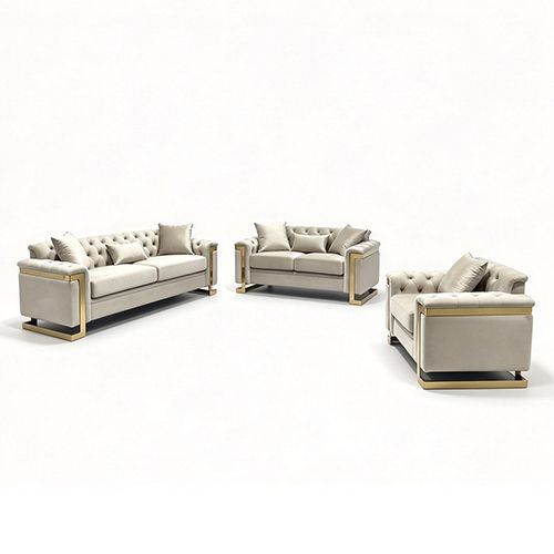 Juliette 3+1+1 Seater Velvet Sofa with Gold Trim in Beige