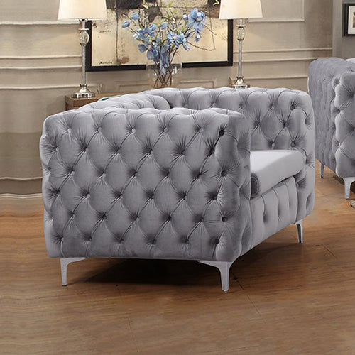 Arm Chairs & Recliners: Single Seater Grey Sofa Classic Armchair Button Tufted in Velvet Fabric with Metal Legs