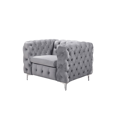 Arm Chairs & Recliners: Single Seater Grey Sofa Classic Armchair Button Tufted in Velvet Fabric with Metal Legs